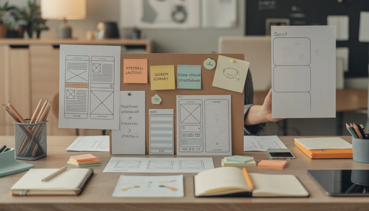 Person holding a paper with design elements on a desk with various design materials.