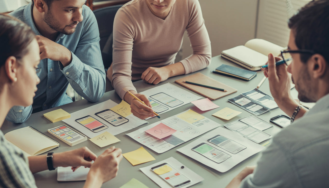 Group of people working together on a project with design mockups on a table.
