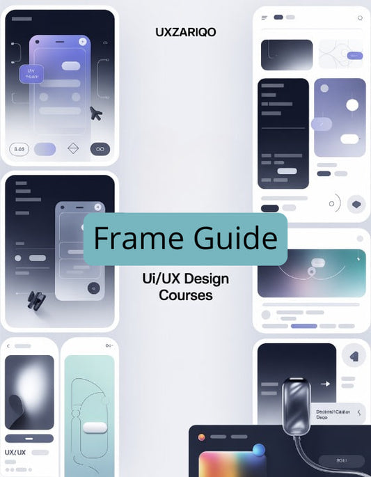 Cover of a book titled 'Frame Guide' by UXZARIQO, featuring UI/UX design courses on a light gray background.
