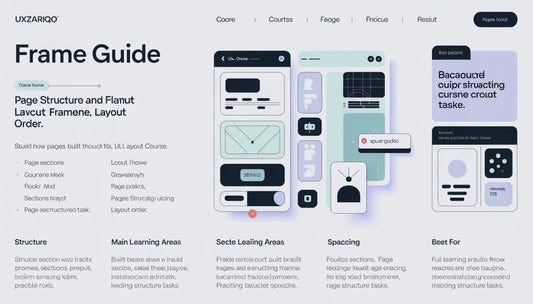 Frame guide with UI elements and layout instructions on a white background