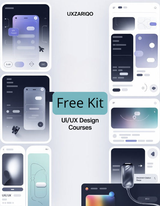 Collection of UI/UX design elements with UXZARIQO branding and 'Free Kit' text.