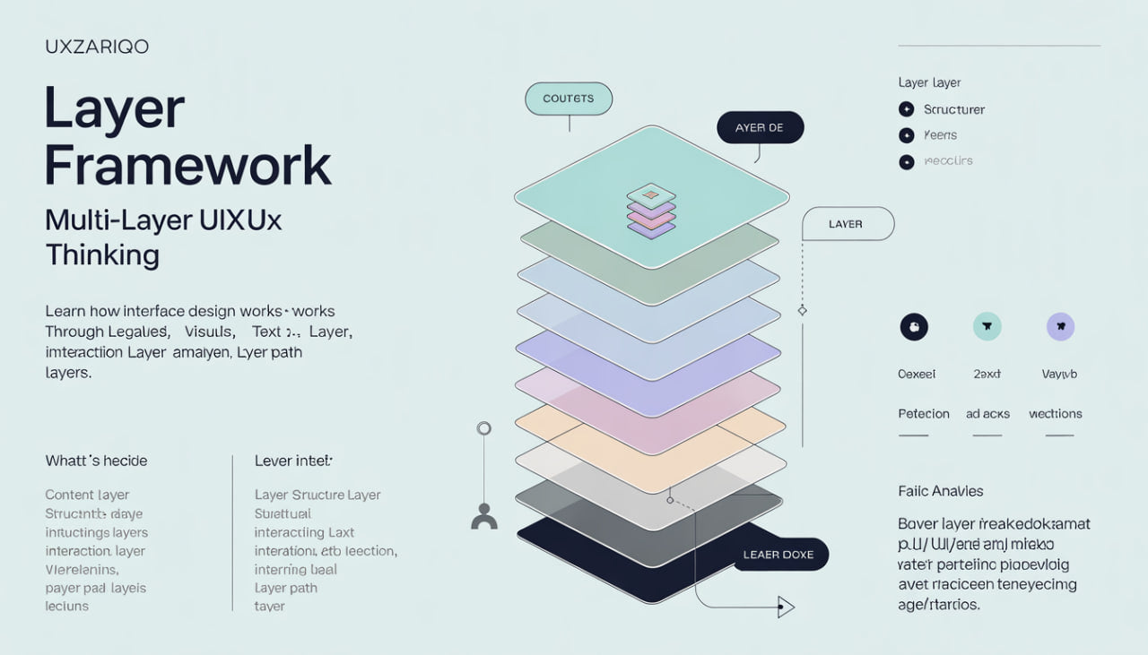 Layered UI/UX design framework diagram with text on a light gray background
